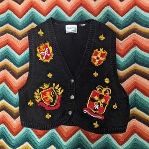 Vintage Jantzen embroidered knit black sweater vest fleur de lis lion crest